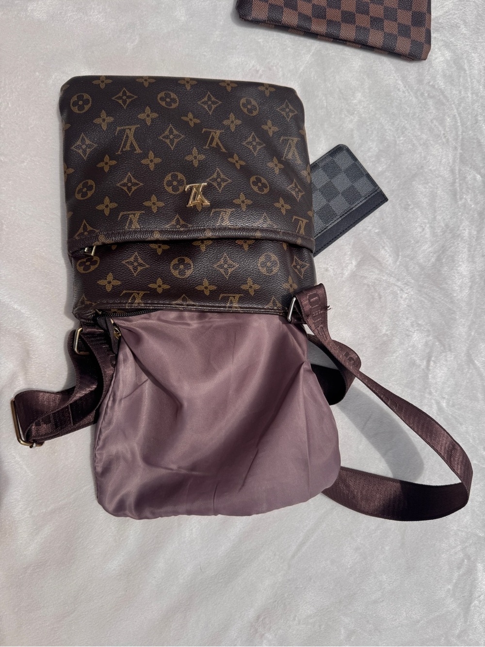 Louis Vuitton Monogram & Damier Brown Crossbody Bag with Gold LV Emblem - Picture 9 of 13